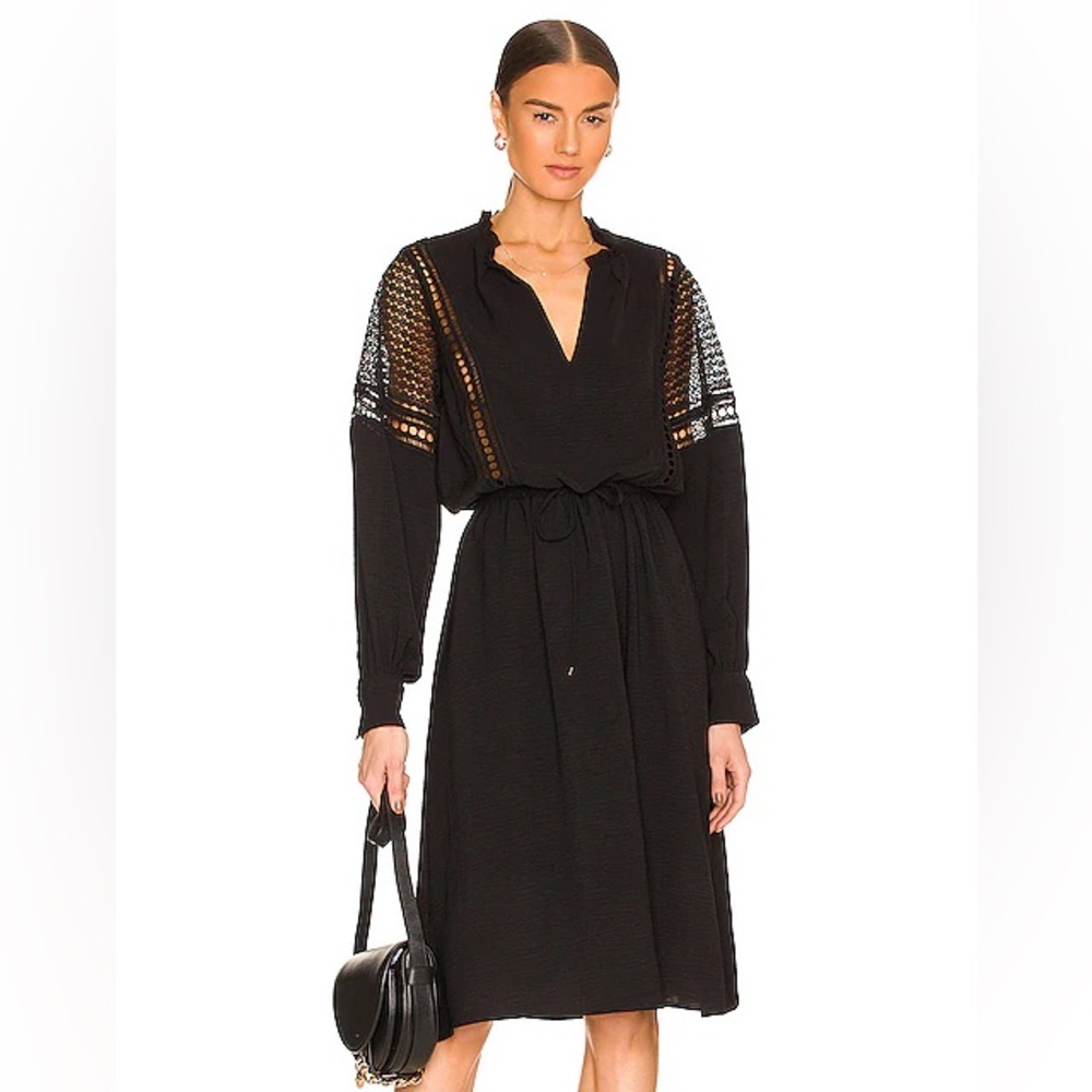 Brochu Walker Black  Long Sleeve V-Neck Midi Dress with Crochet Detail